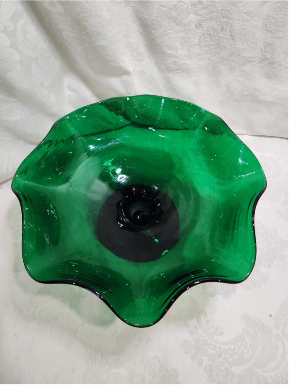 Blenko Emerald Green Hand Blown Glass Compote Bowl 11 Inch Ruffled Pedestal